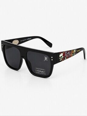 NEW Ed Hardy Flat Top Shield Sunglasses Black Skull Rose Tattoo